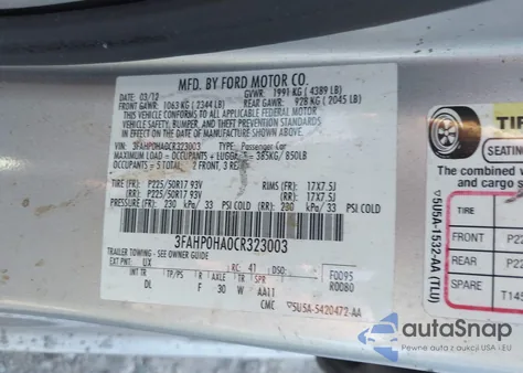 2012 Ford Fusion Se z USA, uszkodzony, nr VIN 3FAHP0HA0CR323003
